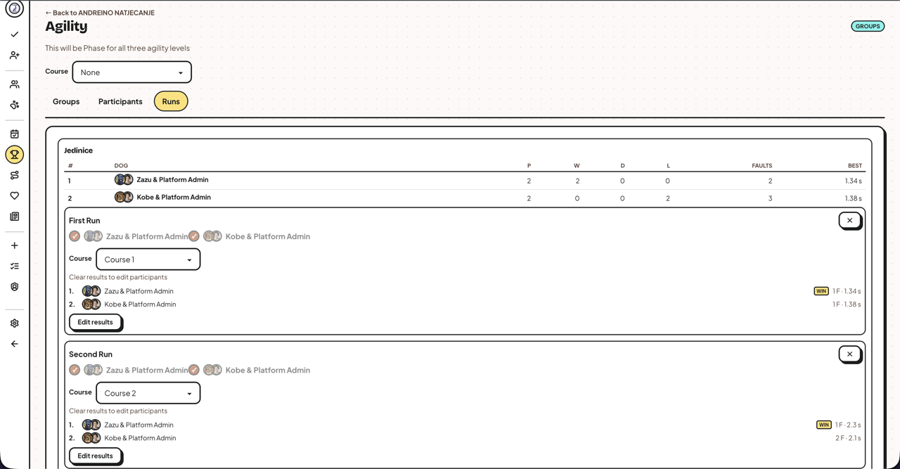 Vista de competición de Kynopack con puntuación y resultados