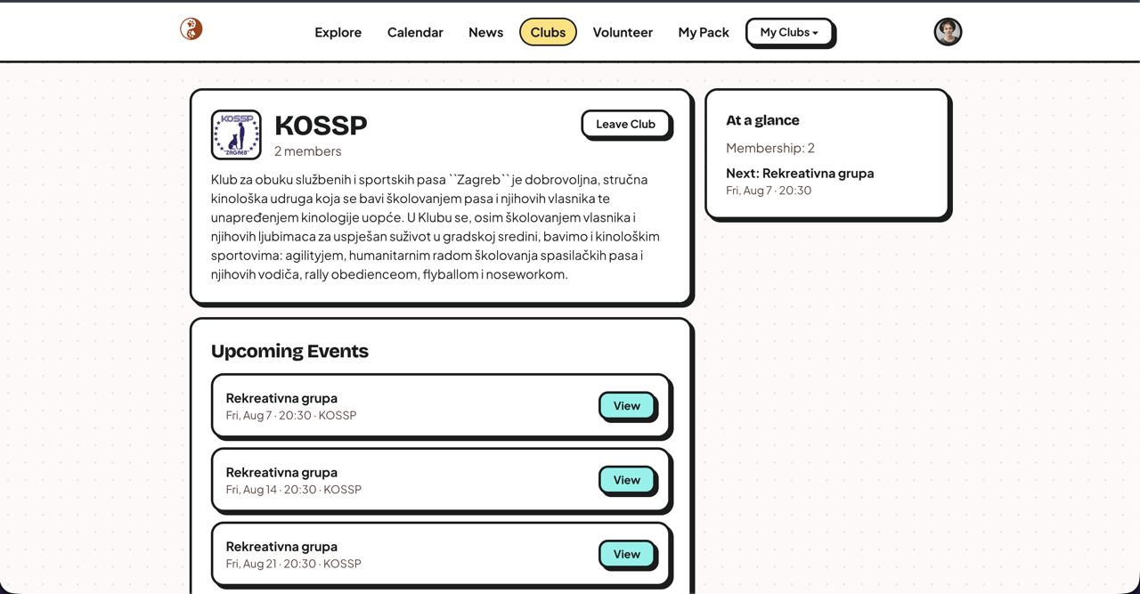 Página pública de club de Kynopack con próximos eventos